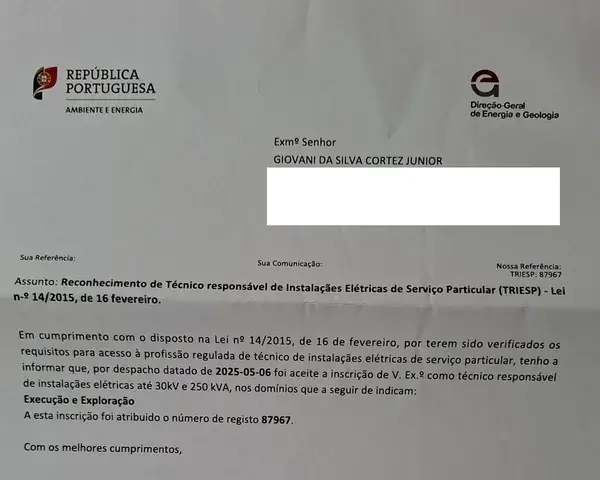 Certificado oficial DGEG de técnico responsável de instalações elétricas - Sr. Giovani Cortez