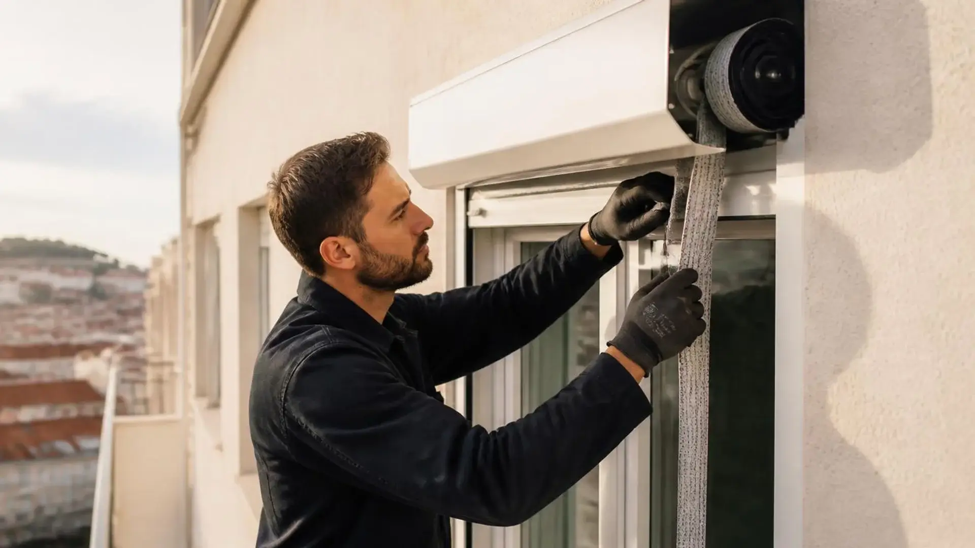 Técnico a reparar um estore exterior numa janela em Lisboa