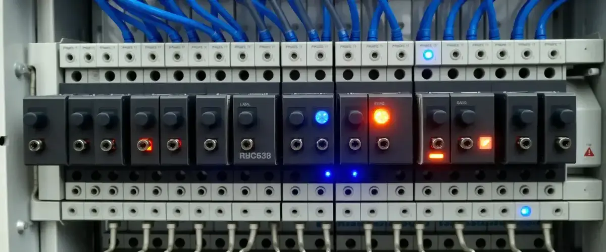 Quadro elétrico moderno com disjuntores e cablagem organizada